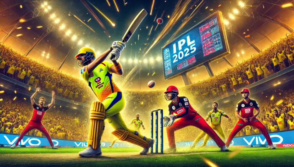 A high-energy digital painting of IPL 2025 featuring Chennai Super Kings (CSK) vs Royal Challengers Bengaluru (RCB), capturing an intense cricket battle under stadium lights, with players in action and a roaring crowd.