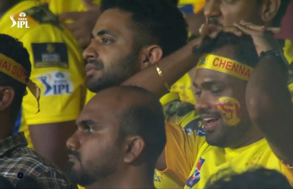A dramatic reaction from players and fans during the RCB vs CSK IPL 2025 match, capturing the intensity of the game.