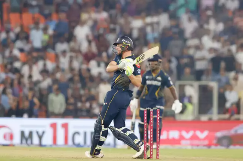 Jos Buttler hitting a boundary during his match-winning knock of 97* against Delhi Capitals in IPL 2025.