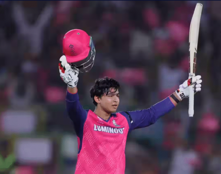 Vaibhav Suryavanshi celebrates his stunning 100 with a six against Rashid Khan, the second-fastest ton in IPL history