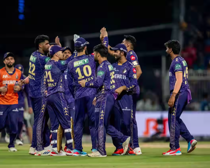 KKR players celebrate a thrilling Wickets.
