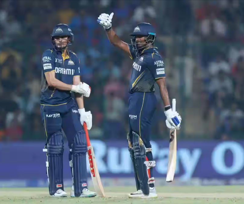 Sai Sudharsan and Shubman Gill celebrate their unbeaten opening stand in GT’s record 10-wicket chase