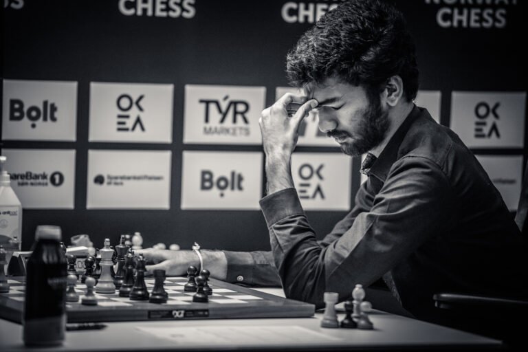 D Gukesh reacts during final round of Norway Chess 2025 against Fabiano Caruana